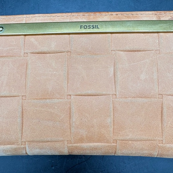 FOSSIL Camel Leather Wallet Liza Slim Bifold Weave Design 7x4 Unused Interior - Picture 3 of 8